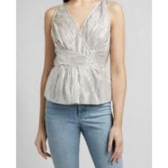 Express Metallic Pleated Peplum Top Small S Silver Sleeveless Holiday Party - Picture 1 of 8